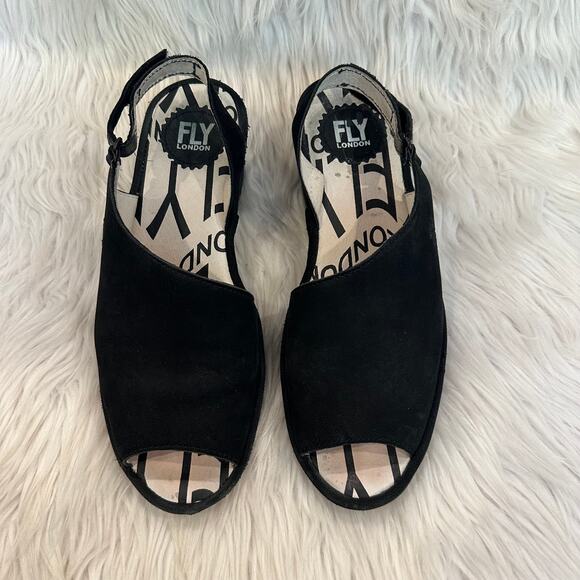 Fly London Palp Leather Wedge Sandals Peep Toe Logo Slingback, Black - Picture 4 of 13